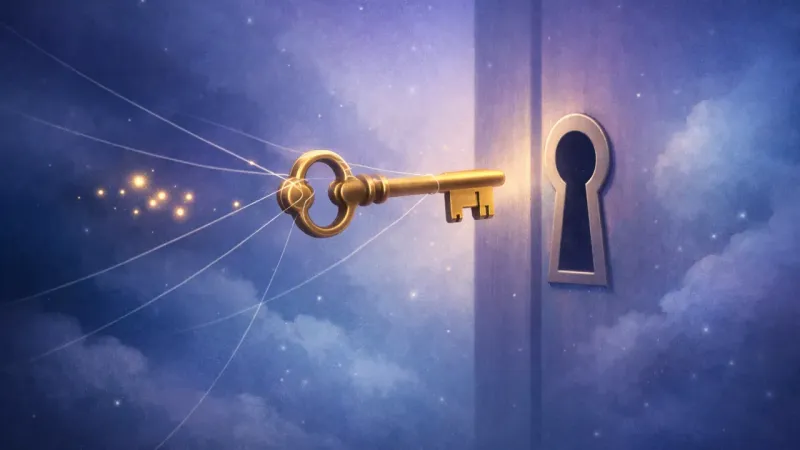 a key hovering a hair's breadth from a keyhole Right Outside The Door