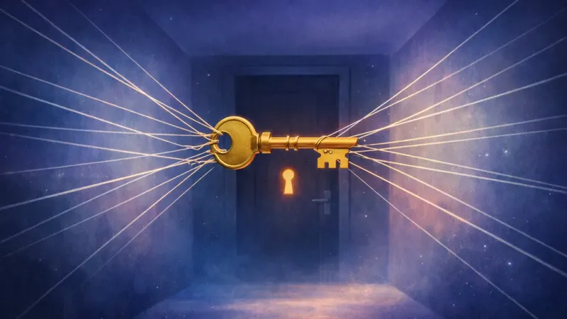 the key suspended midair by perfectly even, radial filaments just short of the keyhole The Polite Gridlock