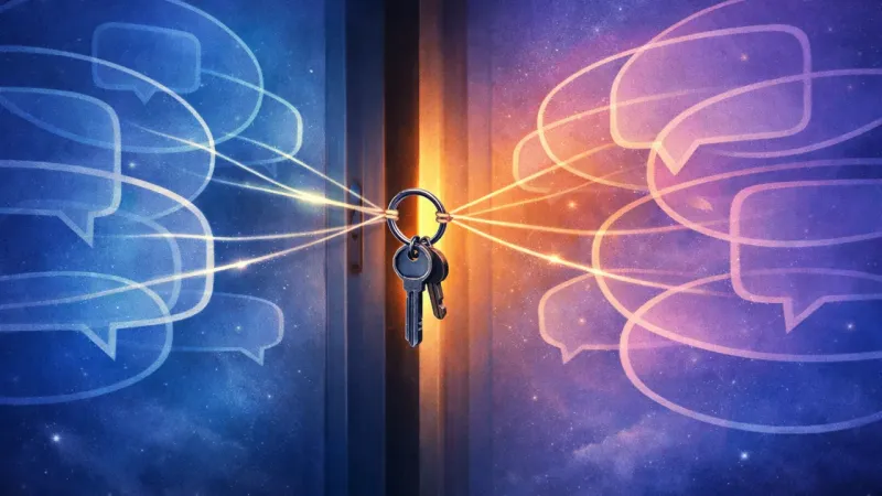 keys held in perfect suspension by identical message-shaped tension loops The Courtesy Loop