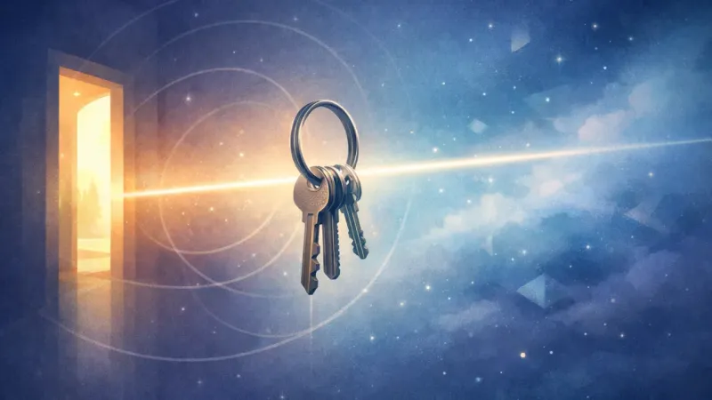 a keyring aligned to one bright, straight axis while the surrounding loops fade into soft reference lines The Emergent Baseline