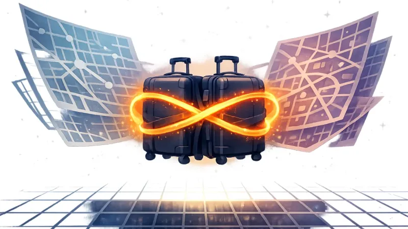 two identical suitcases pinned in a glowing figure-eight loop above a spreadsheet grid The Juggle That Never Lands