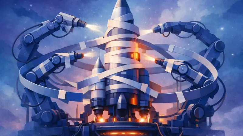 a rocket wrapped in masking tape while equal tools pull it in every direction The Countdown That Never Moves