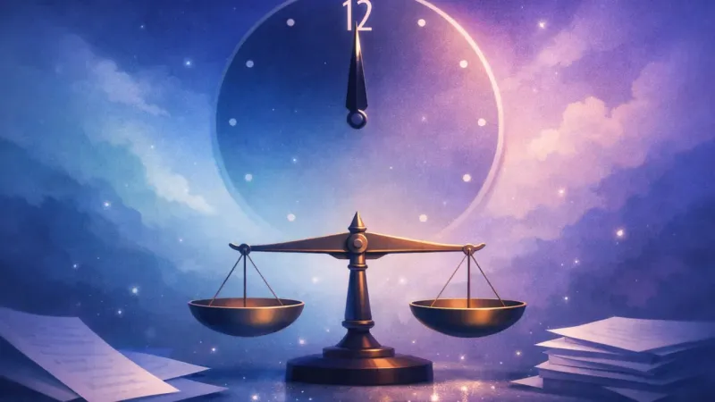 a perfectly level balance scale beneath a clock hand just before midnight The Midnight Weighing