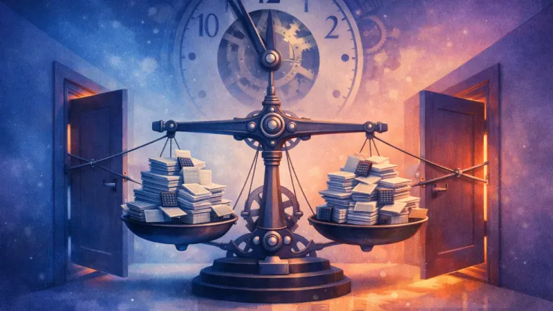 a perfectly level scale beam tethering two half-open doors while a clock hand looms near the deadline The Two-Door Stalemate