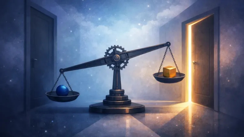 a settled scale beam tilted by one deliberate weight, creating a single clear pull toward one door The Readable Tilt