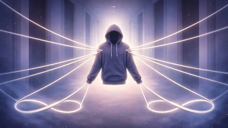 a hoodie held perfectly still by equal drawstring pulls that loop back on themselves The Hoodie That Can’t Grow Up