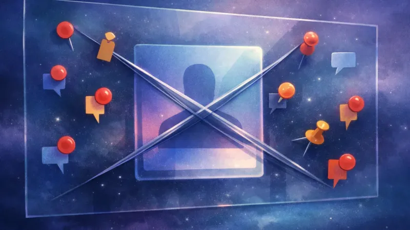 tag pins stuck on the outside of an untouchable glass pane while the profile tile hovers behind it The Untouchable Tag