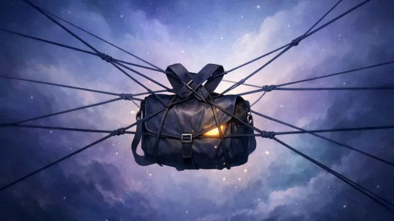 a heavy bag held in place by perfectly even pull-lines that cancel any single downward motion The Suspended Burden