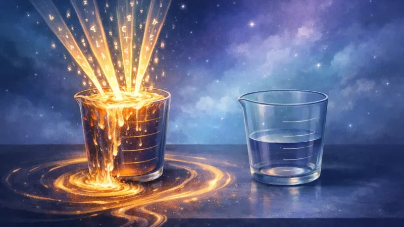 one graduated cup forced past its brim by multiple equal streams of glowing symbols while the second cup stays untouched The Overflowing Cutoff