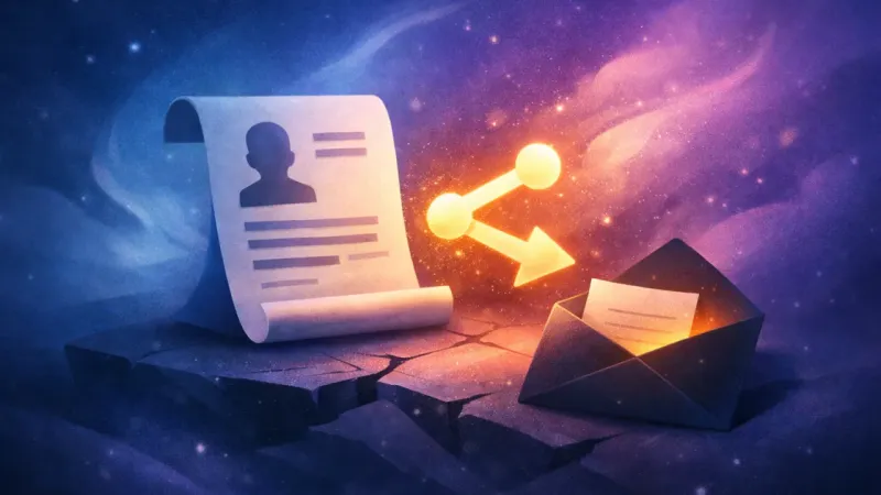 a forward/share symbol hovering beside a résumé-like document icon Ask First