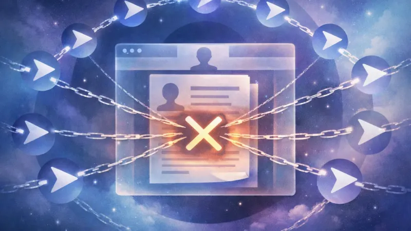 a résumé-like tab tugged toward repeating forward icons while the center stays crossed and stuck The Open Tab