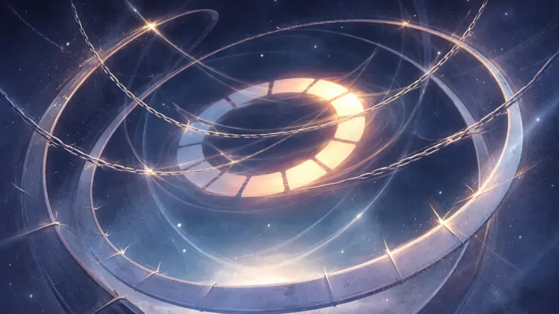 a spinning segmented ring multiplied into afterimages, caught inside chain-like arcs that keep it circling The Endless Verdict Loop