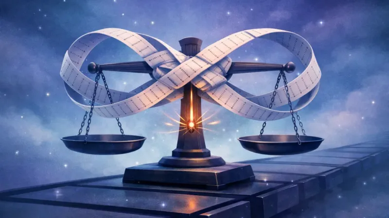 an infinity-shaped ribbon of receipts cinching the scale’s beam so the needle can’t settle The Infinite Checkout Loop