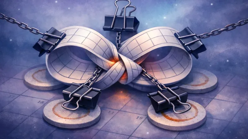 a tight figure-eight ribbon cinched by identical clips pulling equally in every direction The Infinity Knot of Availability