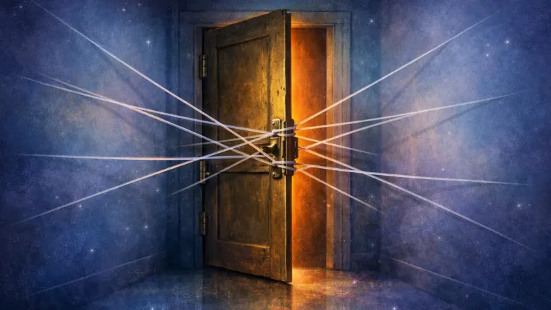 a half-ajar door held perfectly in place by identical tension loops The Creaking Return
