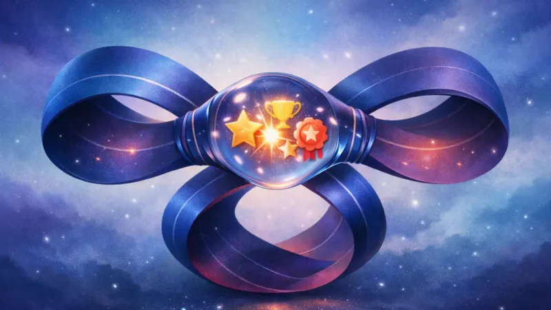 a figure-eight ribbon tightened by its own moving magnification bulge The Infinite Refresh Loop