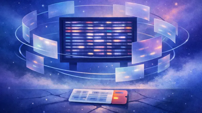 equal-brightness rows on the board spinning attention in place while tab-panels orbit in perfect repetition The Gate of Endless What-Ifs