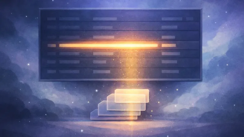 one unwavering luminous row anchoring a tidy stack of three translucent step-cards The Chosen Line