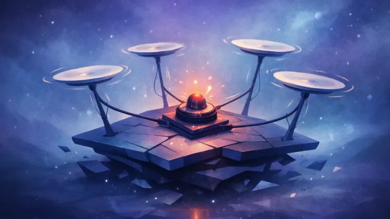 four identical plates wobbling on thin arms atop a shifting base The Spinning-Plate Stalemate