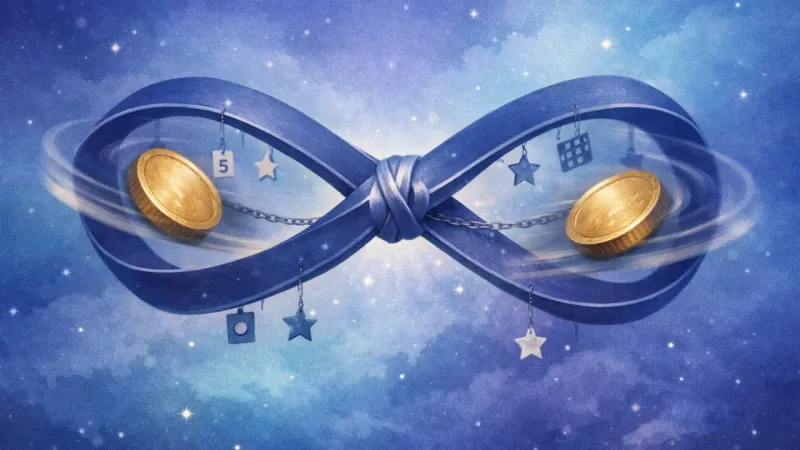 two identical coin-weights circling in a taut infinity ribbon around a fixed center knot The Loop of Endless Criteria