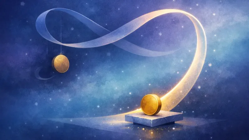 one bright arc of ribbon aligning the primary coin-weight into a stable, usable axis The Guiding Arc