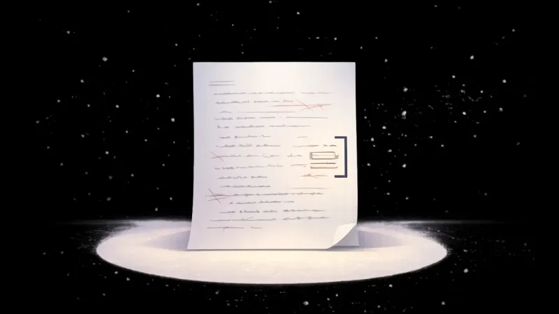 one intentional margin bracket held steady inside a softened circle of light The Measured Revision