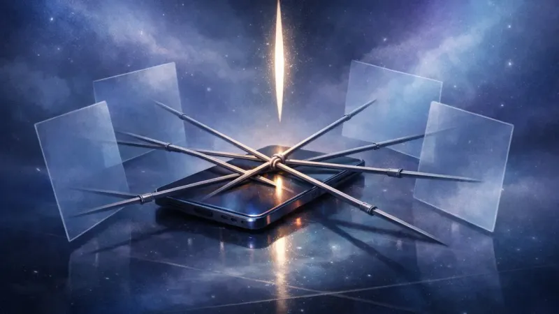 a face-down phone pinned at the center of a perfectly even cage of crossed rods beneath a hovering blade of light The Freeze at the Screen