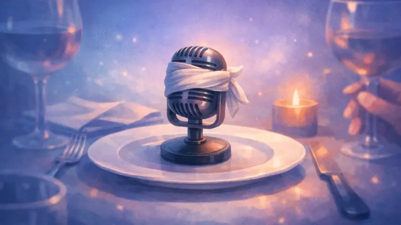 a microphone sitting on a dinner plate with a napkin-like blindfold The Unwanted Microphone