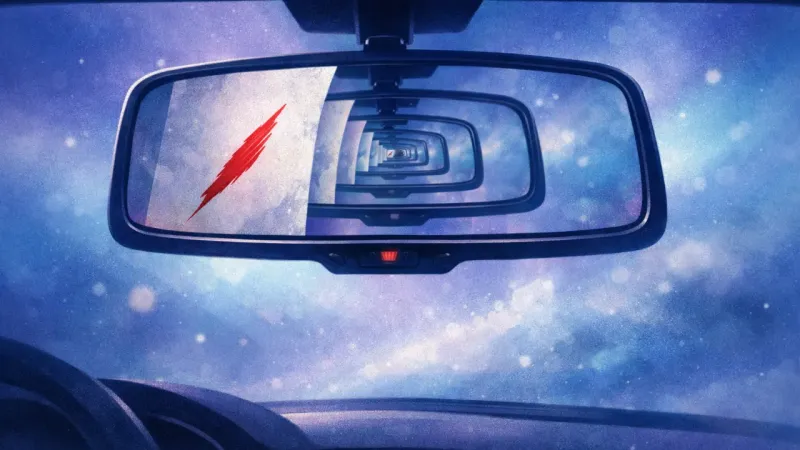 a mirror-within-mirror reflection tunnel that crowds out the view ahead The Score That Won’t Let Go