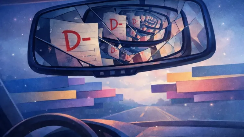 an enormous rearview mirror fracturing into infinite reflections that eclipse the road The Rearview Verdict