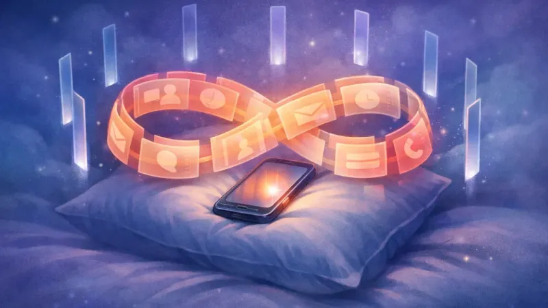 an infinity loop of identical alert-panels orbiting a phone on a pillow, keeping the space electrically awake The Siren Loop