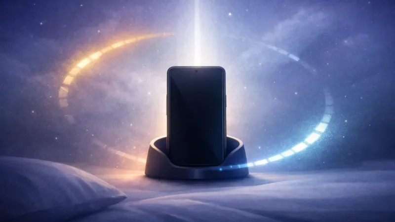 two dimly glowing arcs that pulse around a resting phone, leaving most of the night unlit The Planned Responsiveness