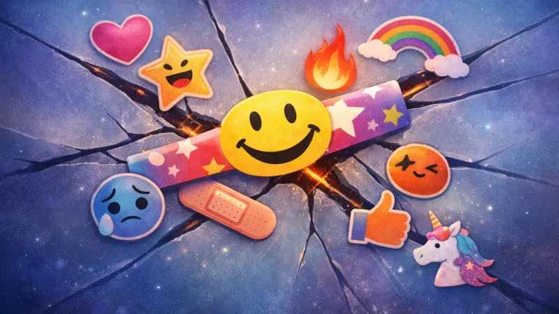 a cheerful sticker stretched across a branching crack Stickers Over the Fracture