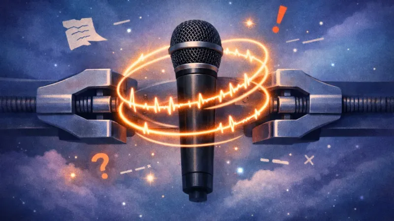 a microphone pinched between identical clamps while a perfect circular waveform tightens around it The Choked Signal