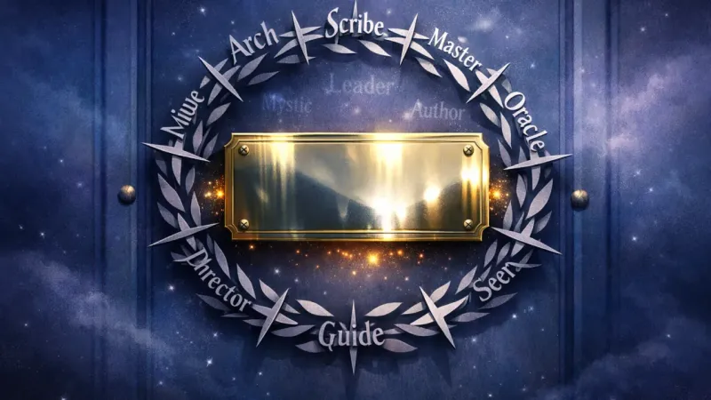 a mirror-bright nameplate pinned by a symmetric ring of blade-thin title glyphs The Polished Verdict