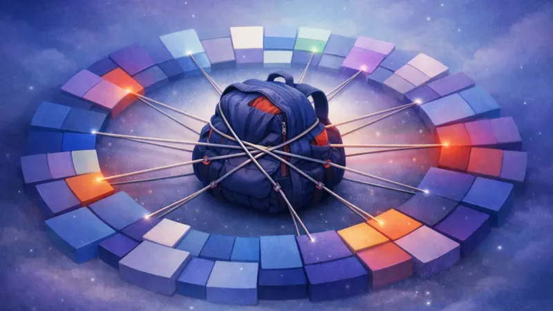 a backpack pinned by a perfect ring of taut elastic tethers from packed calendar blocks The Calendar Cinch