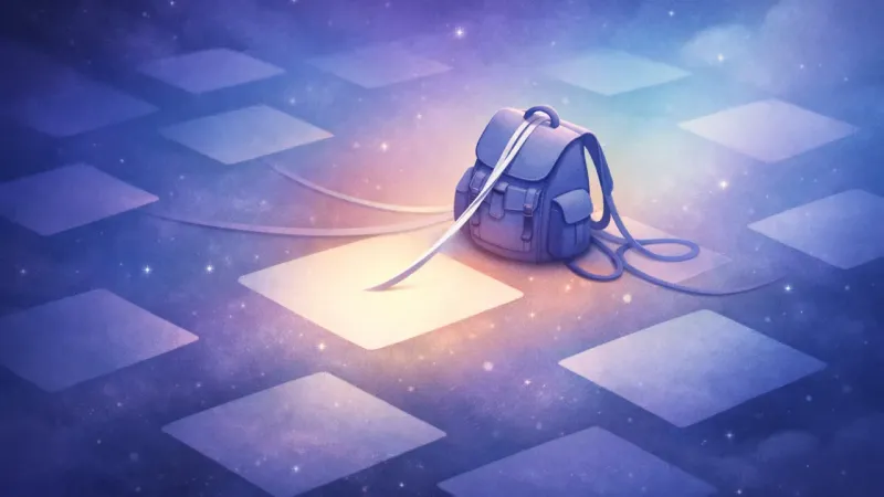 one thick tether from a blank tile guiding a lighter backpack as other tethers fade into slack The Protected Breathing Room