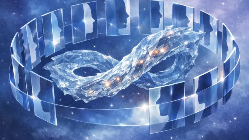 a moving river ribbon frozen into glass while identical reflective panels orbit it in a perfect loop The Glass Verdict Loop