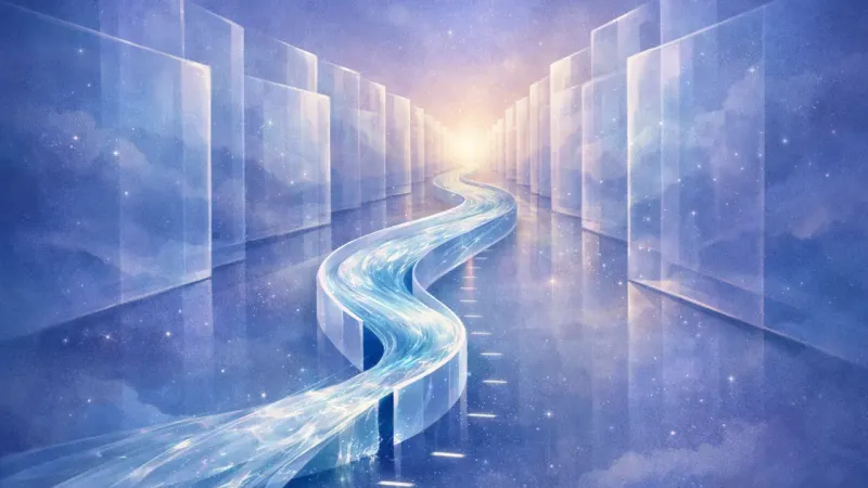 a once-frozen glass river easing into flow along a single aligned channel marked by quiet ticks The Moving Snapshot