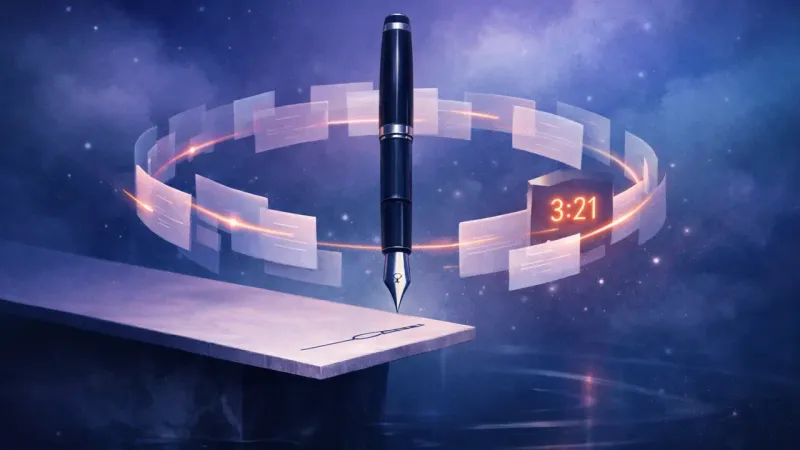 a pen tip frozen above the signature line while a rotating halo of drafts tightens around it The Diving-Board Pause