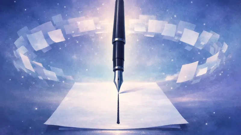 the pen tip aligned with one clear ink path while the other draft-fragments fade into a soft halo The Clean Cut of Clarity