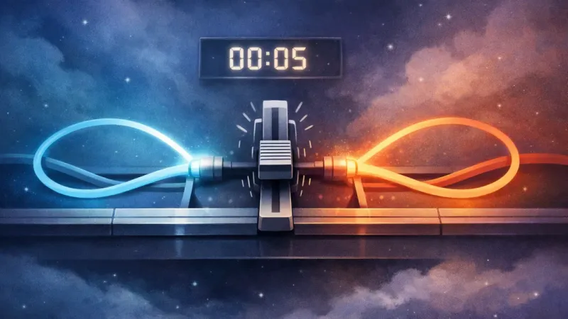 a centered fader vibrating between two equal glowing loops under a countdown display The Countdown Stalemate