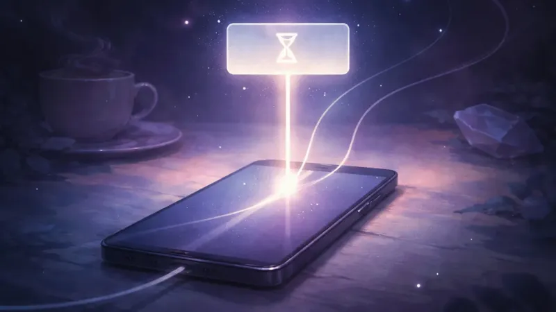 one bright tether aligning with a single blank message pane marked by an hourglass silhouette The Clean Limit