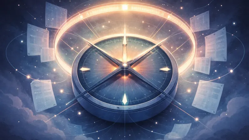 crossed needle-arms quivering between two equal notches under a tightening countdown ring The Countdown Deadlock