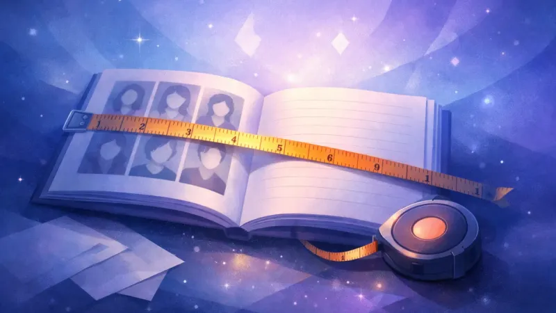 a tape measure pulled tight across a yearbook photo The Yearbook Measuring Stick