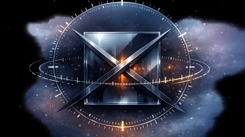 a reflective tile pinned behind perfectly crossed blades and encircled by restless measurement rings The Mirror Verdict Stalemate