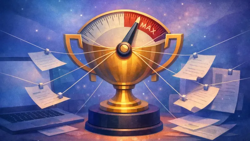 a maxed-out needle trapped by perfectly equal measuring pulls The Trophy-Shelf Tribunal