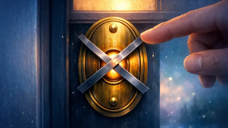 A glowing doorbell immobilized by perfectly crossed steel bars inches beneath a hovering fingertip The Doorbell That Feels Like a Trap