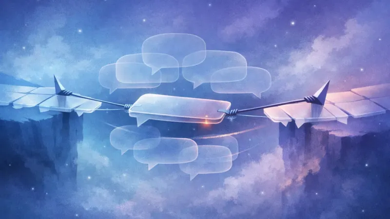 a hovering central message-plank pinned by perfectly balanced opposing tethers The Suspended Reply