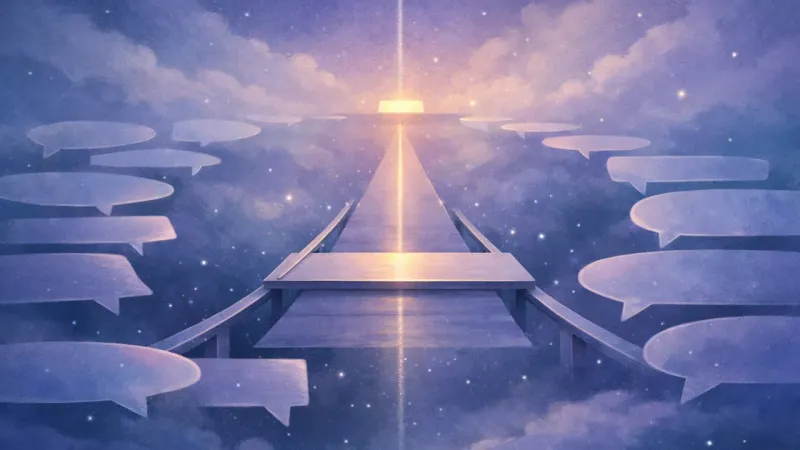 one crisp message-plank aligned to a single luminous line across the bridge The First Clear Step